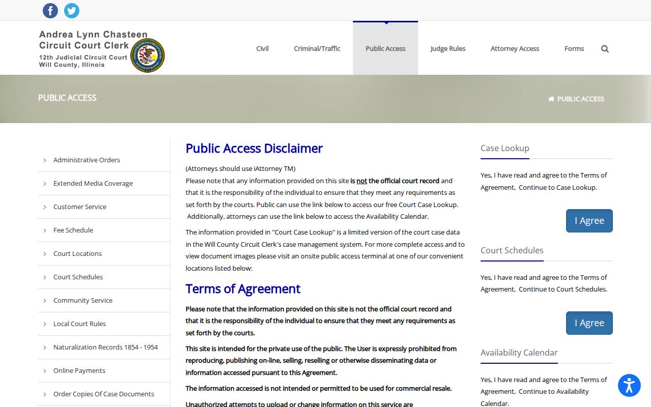 Will County Circuit Clerk public case search for Homer Glen records