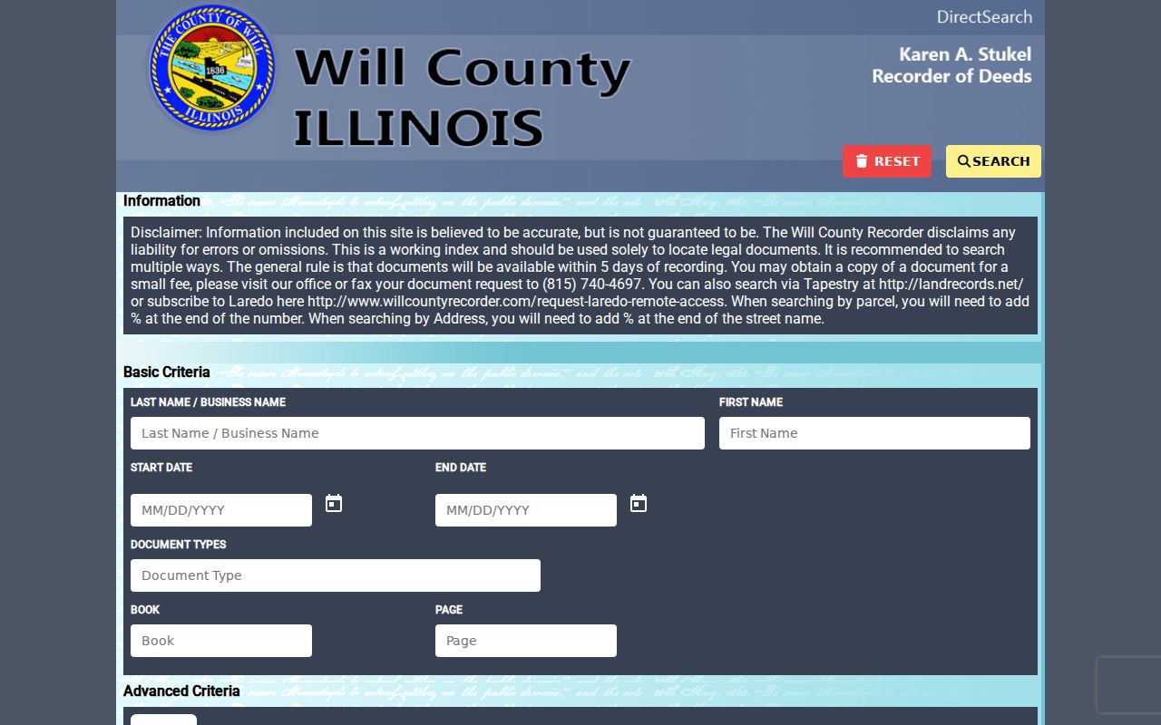 Will County Recorder deed index used for Homer Glen property research