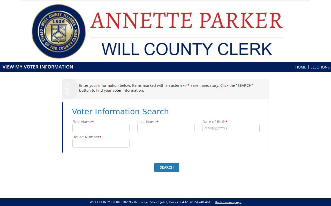 Will County voter information lookup fields for a Homer Glen resident search