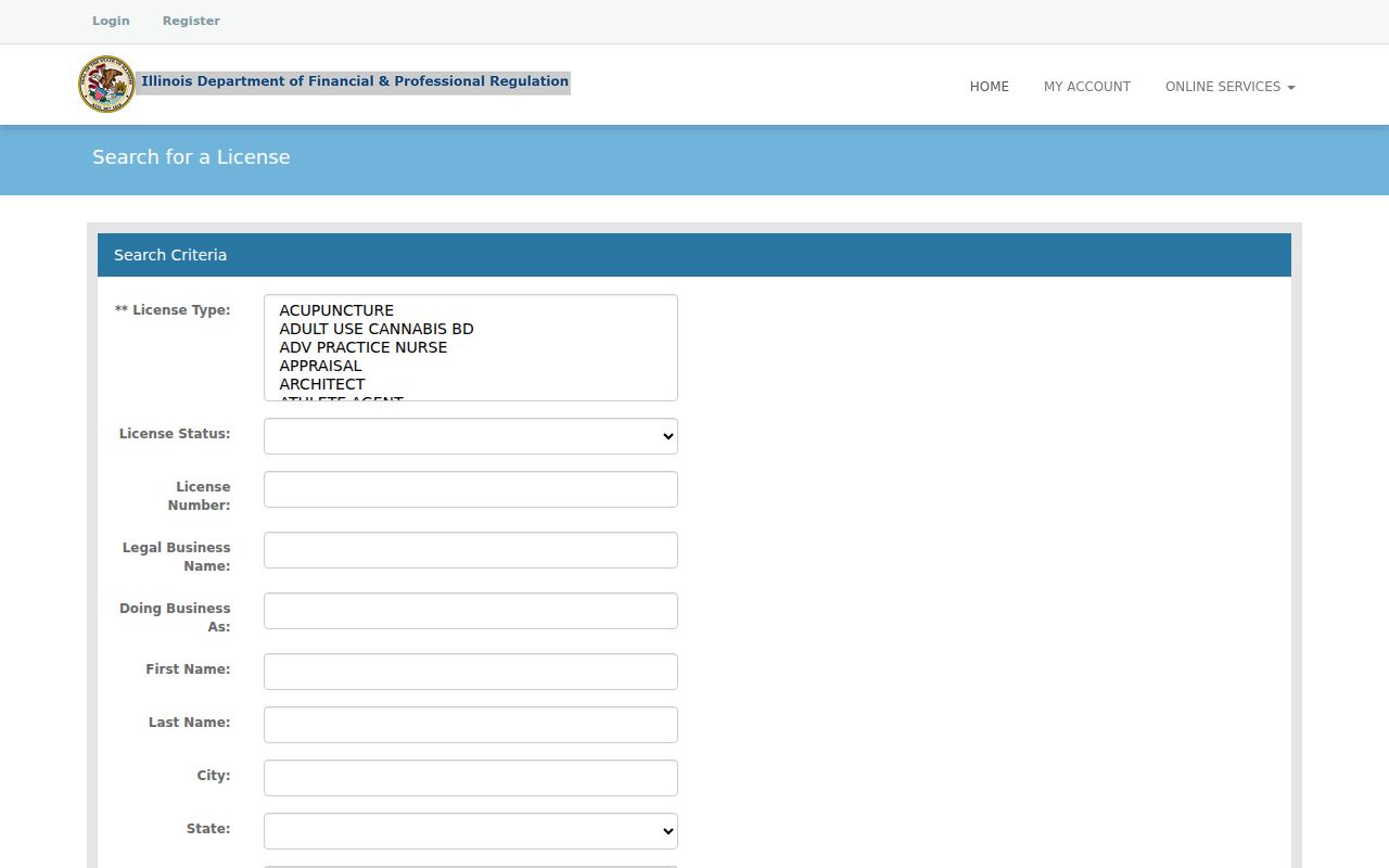 Homer Glen resident lookup using the Illinois professional license form